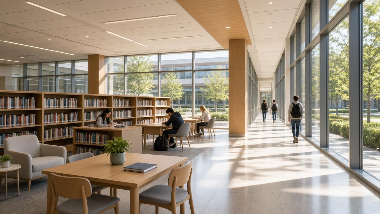 School library and hallway used to illustrate education websites and student documents.