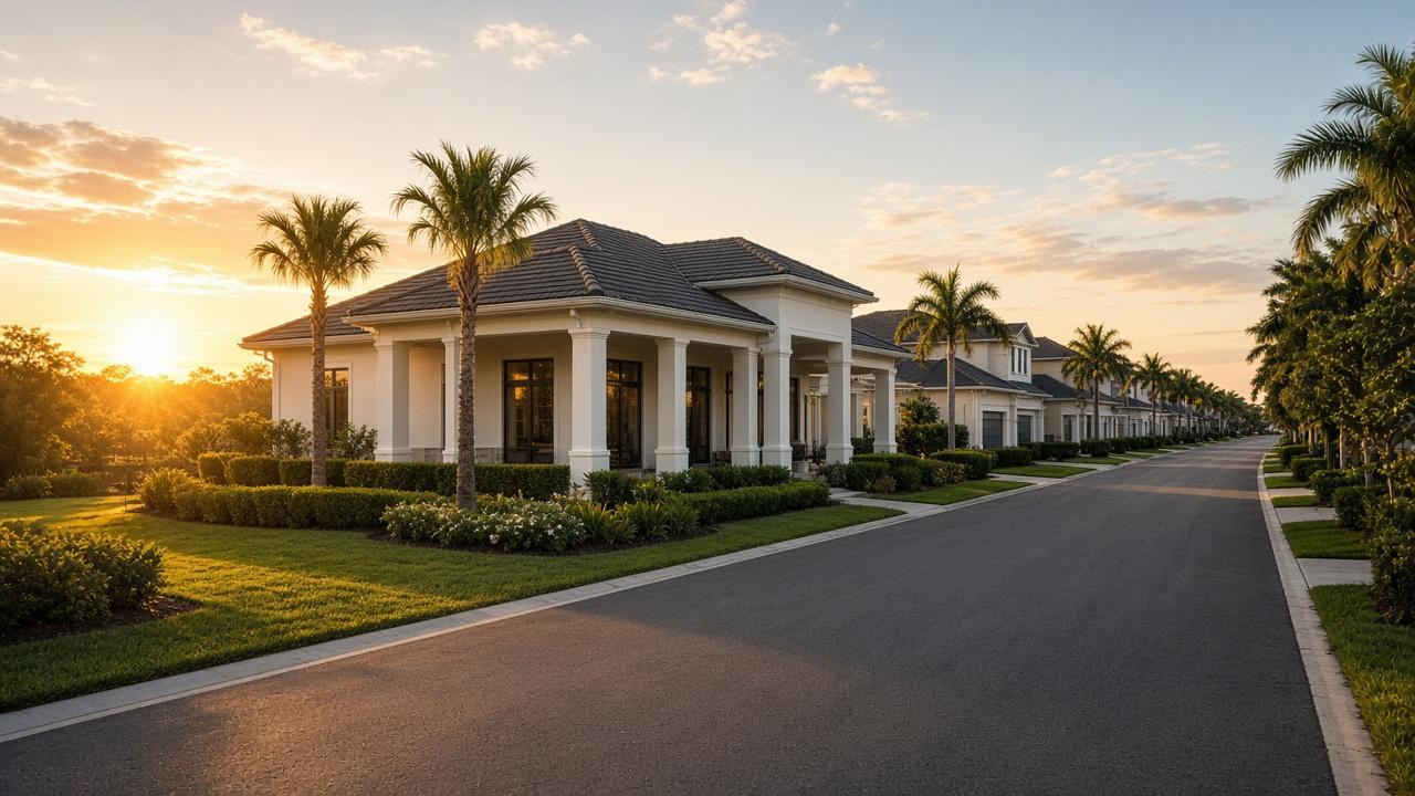 Residential community street and clubhouse used to illustrate HOA and association websites.